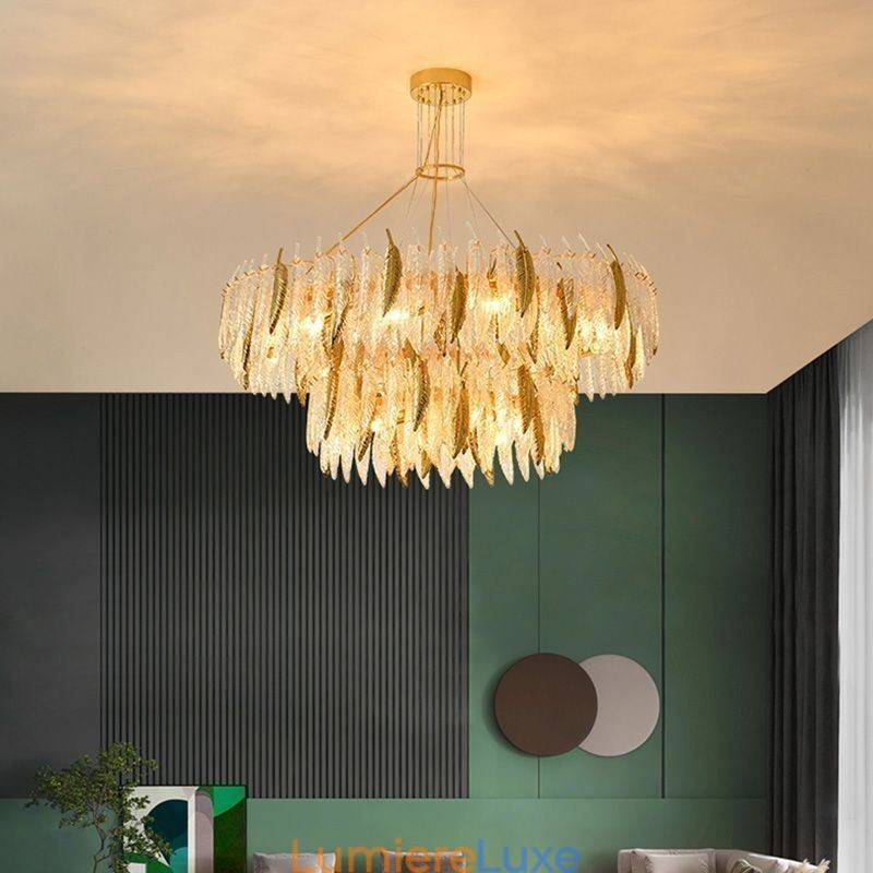 Lustre en verre artistique, plafonnier rond en plumes