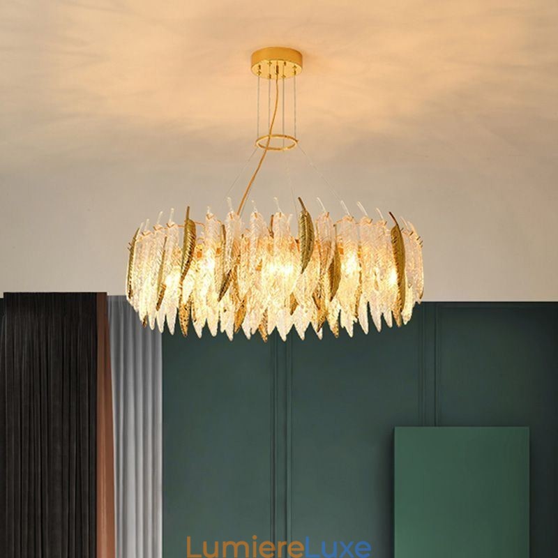 Lustre en verre artistique, plafonnier rond en plumes