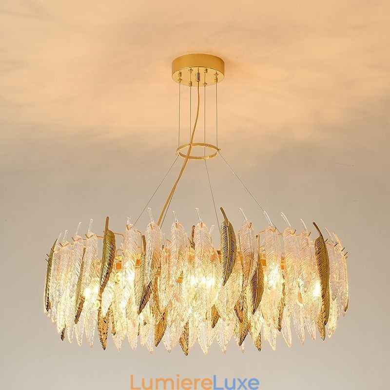 Lustre en verre artistique, plafonnier rond en plumes