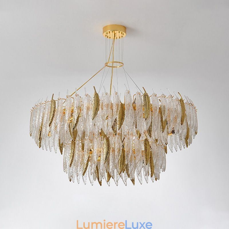 Lustre en verre artistique, plafonnier rond en plumes