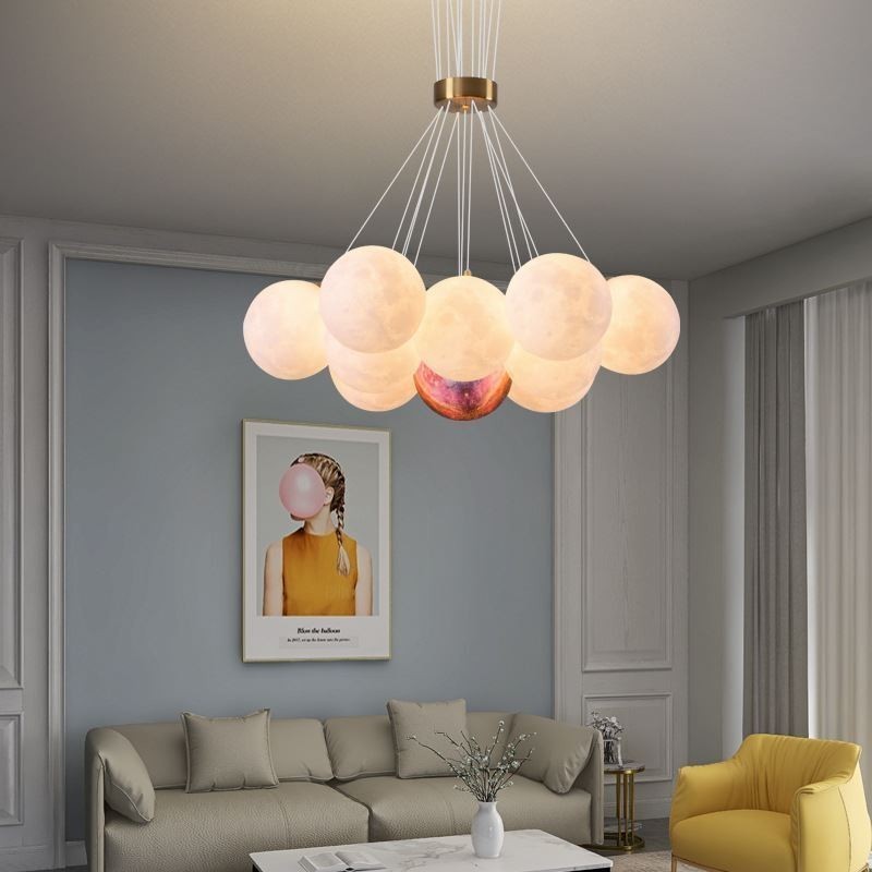 Lustre à bulles de lune, lampe suspendue moderne à boules imprimées en 3D