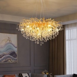 Lustre en cristal nordique avec abat-jour rond en forme de fleur, suspension dorée de luxe
