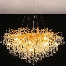 Lustre en cristal nordique avec abat-jour rond en forme de fleur, suspension dorée de luxe
