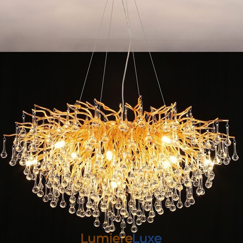 Lustre en cristal nordique avec abat-jour rond en forme de fleur, suspension dorée de luxe