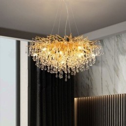 Lustre en cristal nordique avec abat-jour rond en forme de fleur, suspension dorée de luxe