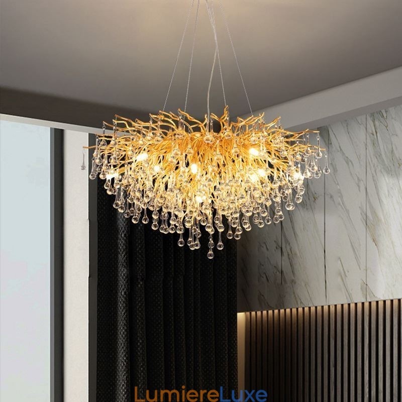 Lustre en cristal nordique avec abat-jour rond en forme de fleur, suspension dorée de luxe