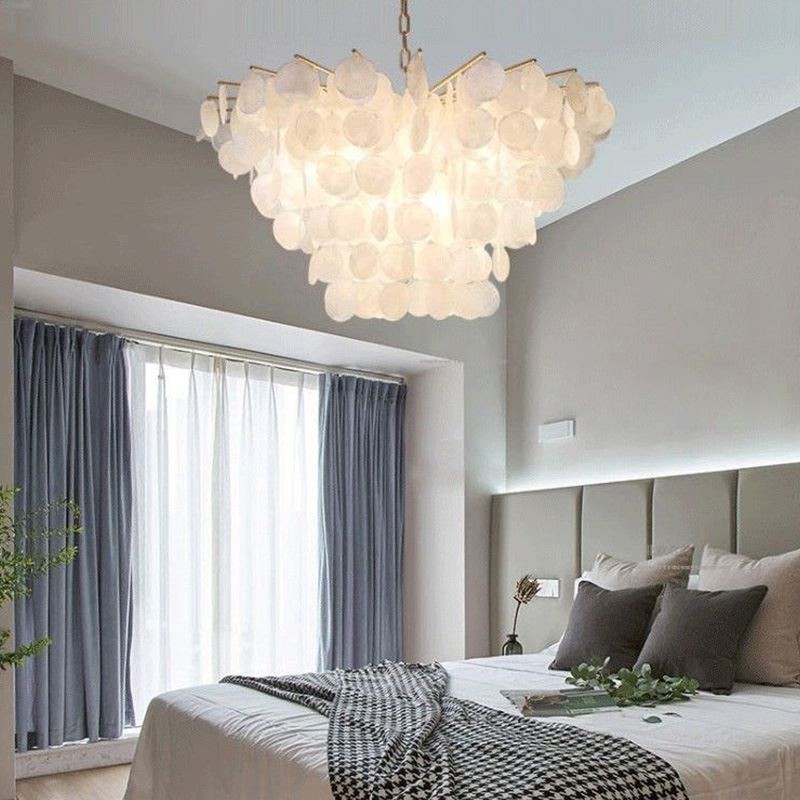Lustre rond en coquillage naturel à suspendre pour salle à manger