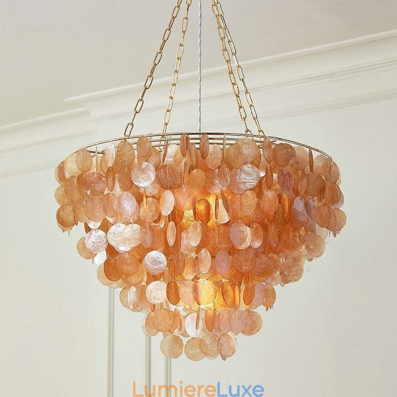 Lustre rond en coquillage naturel suspendu en couches, marron clair et noir