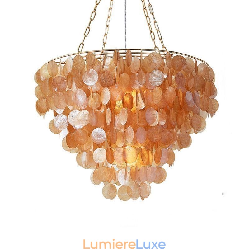 Lustre rond en coquillage naturel suspendu en couches, marron clair et noir