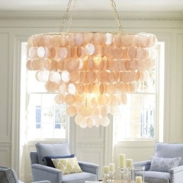 Lustre rond en coquillage naturel suspendu en couches, marron clair et noir