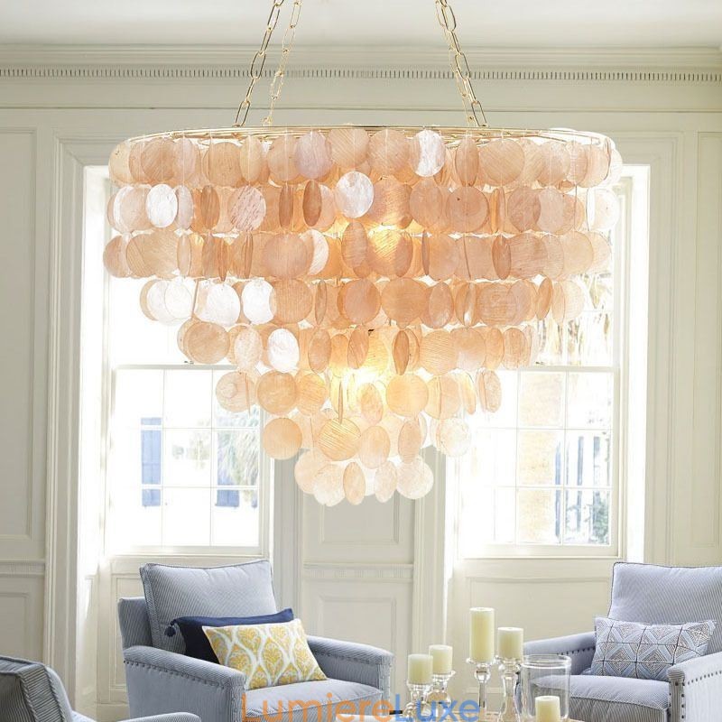 Lustre rond en coquillage naturel suspendu en couches, marron clair et noir