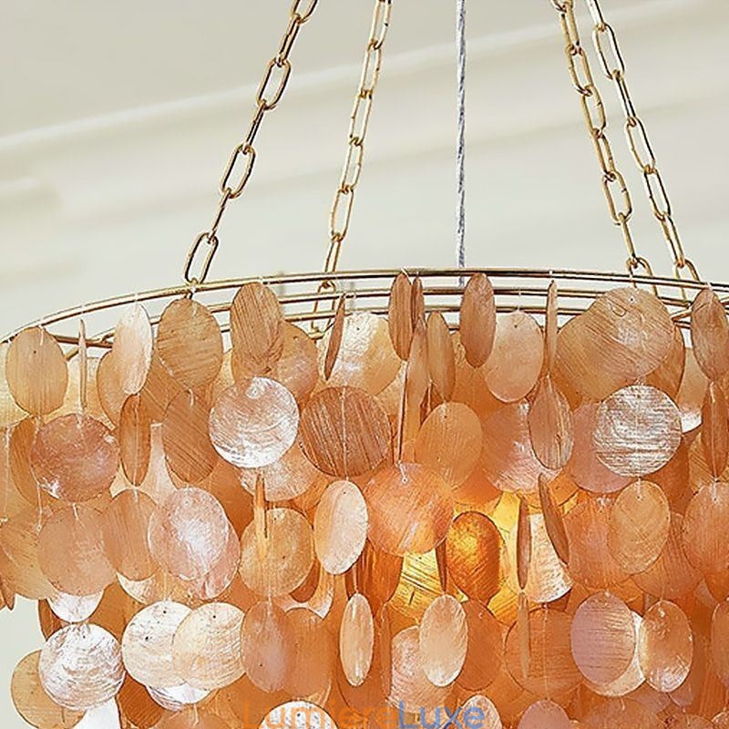 Lustre rond en coquillage naturel suspendu en couches, marron clair et noir