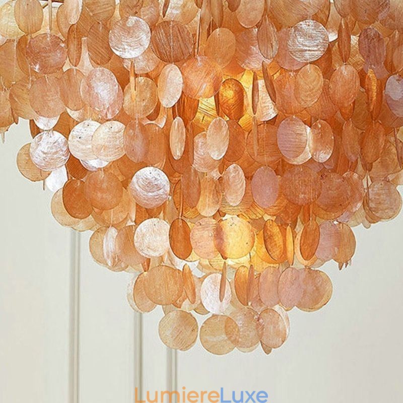 Lustre rond en coquillage naturel suspendu en couches, marron clair et noir