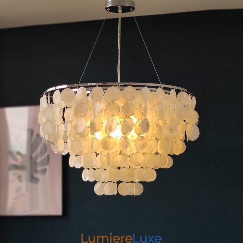 Suspension en coquillage Capiz, lustre rond naturel à plusieurs niveaux