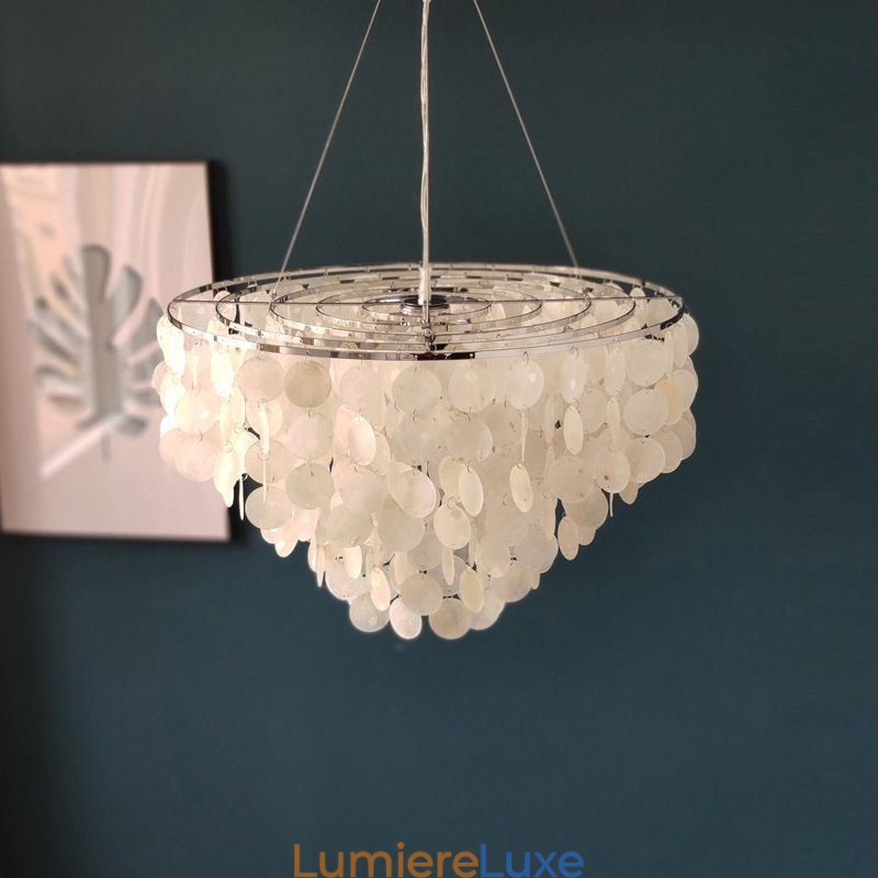 Suspension en coquillage Capiz, lustre rond naturel à plusieurs niveaux