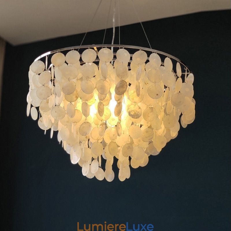 Suspension en coquillage Capiz, lustre rond naturel à plusieurs niveaux