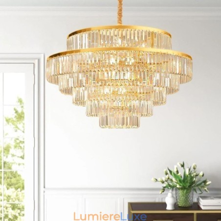 Suspension en cristal doré à 5 niveaux et 7 lumières Suspension en cristal doré à 5 niveaux et 7 lumières