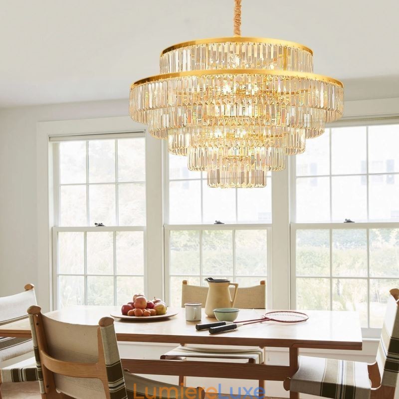 Suspension en cristal doré à 5 niveaux et 7 lumières
