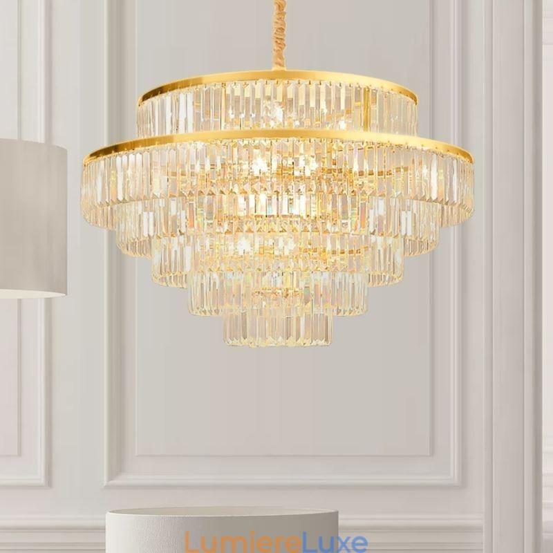 Suspension en cristal doré à 5 niveaux et 7 lumières