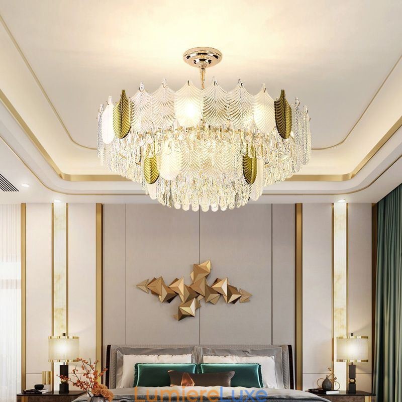 Suspension luxueuse en forme de feuille, luminaire de plafond en cristal