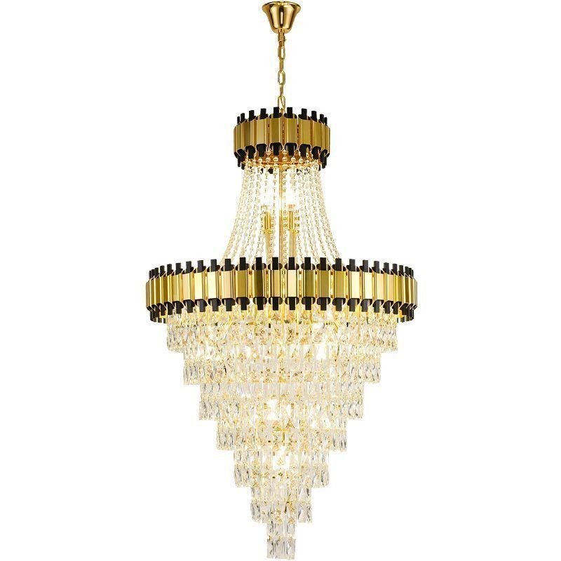 Plafonnier luxueux en cristal et suspension dorée