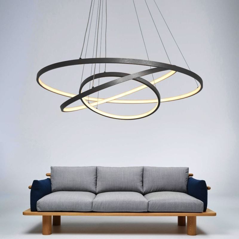 Suspension moderne en aluminium noir à 3 anneaux