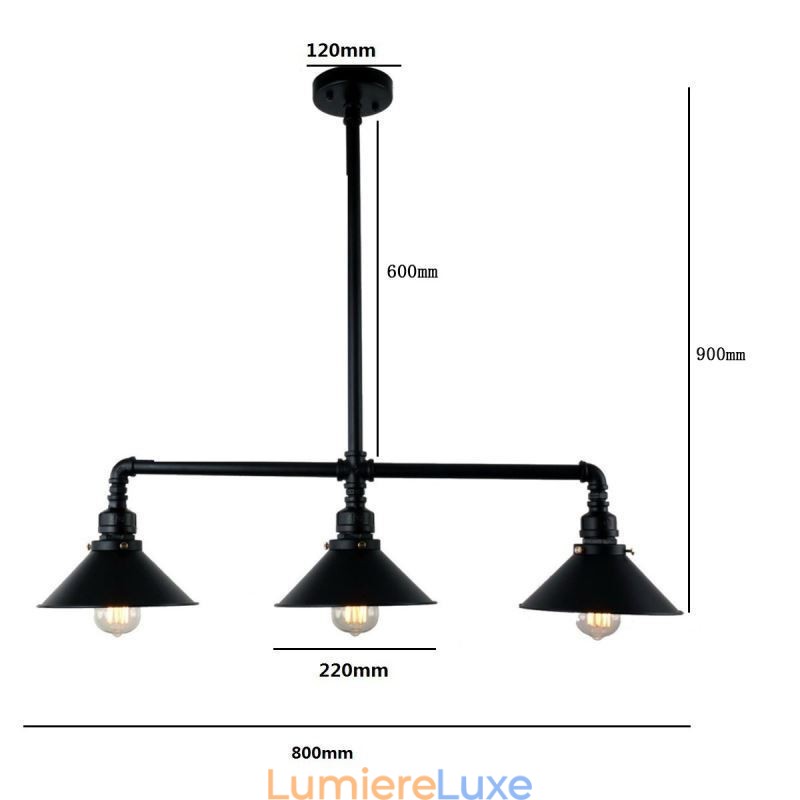 Lustre suspendu à 3 lumières en forme de pipe à eau, style industriel rétro et rustique