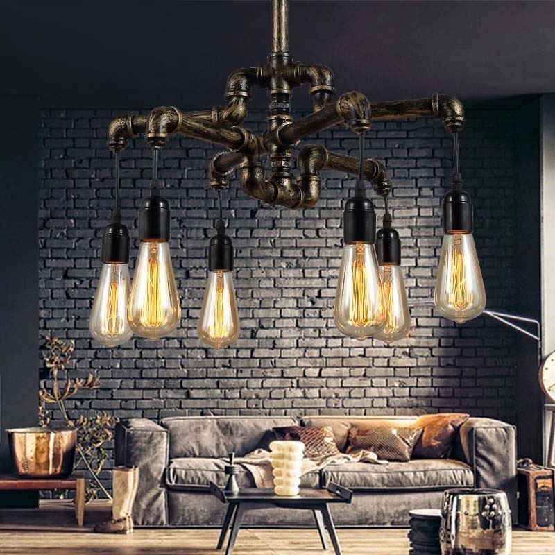 Lustre suspendu à 6 lumières style industriel rétro vintage en forme de pipe à eau, style rustique et campagnard