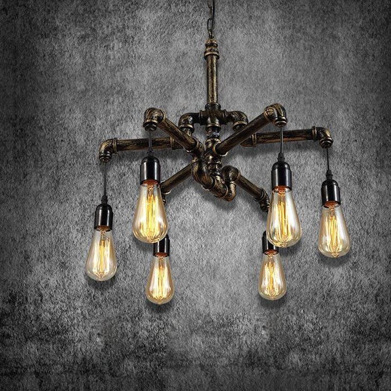 Lustre suspendu à 6 lumières style industriel rétro vintage en forme de pipe à eau, style rustique et campagnard