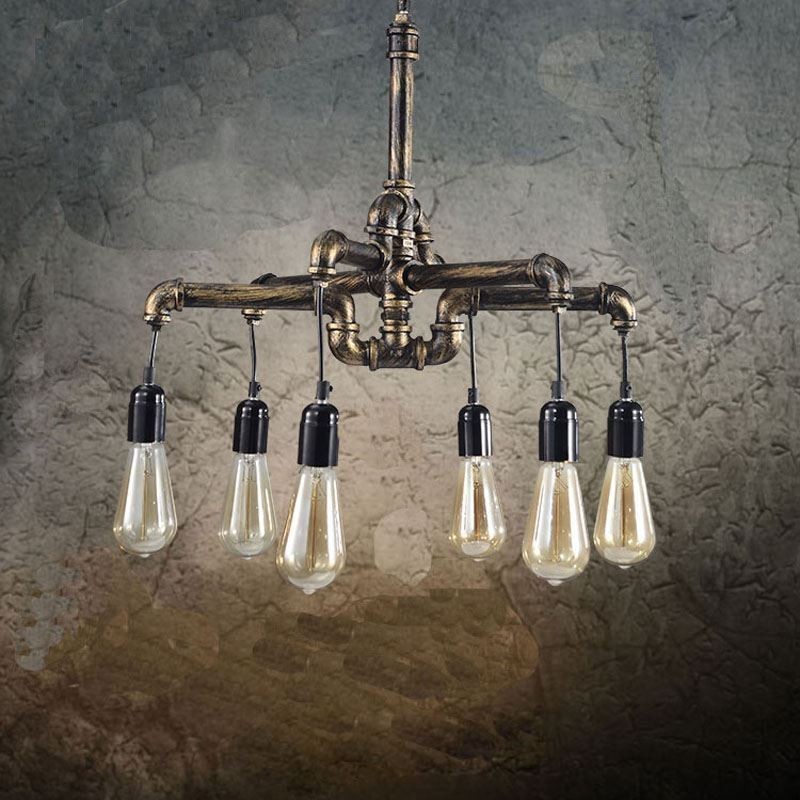 Lustre suspendu à 6 lumières style industriel rétro vintage en forme de pipe à eau, style rustique et campagnard
