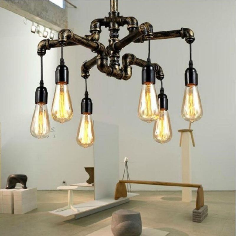 Lustre suspendu à 6 lumières style industriel rétro vintage en forme de pipe à eau, style rustique et campagnard
