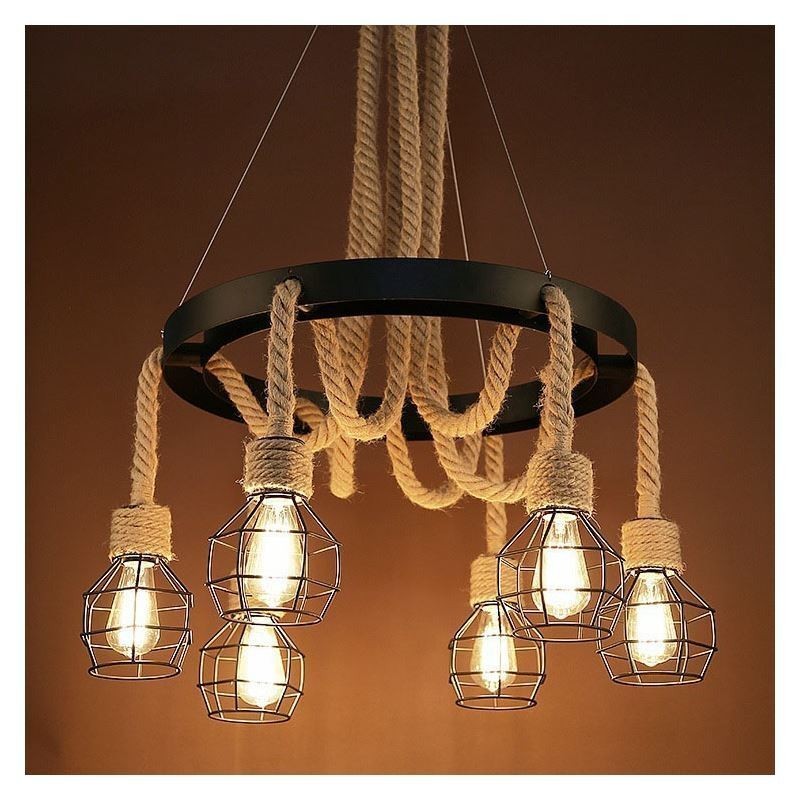 Lustre suspendu rétro à 6 têtes en corde de chanvre avec abat-jour en fer
