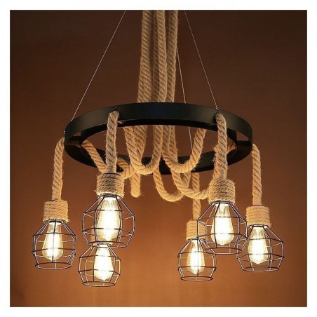 Lustre suspendu rétro à 6 têtes en corde de chanvre avec abat-jour en fer Lustre suspendu rétro à 6 têtes en corde de chanvre avec abat-jour en fer