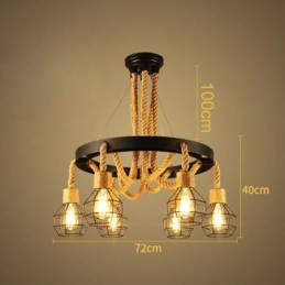 Lustre suspendu rétro à 6 têtes en corde de chanvre avec abat-jour en fer