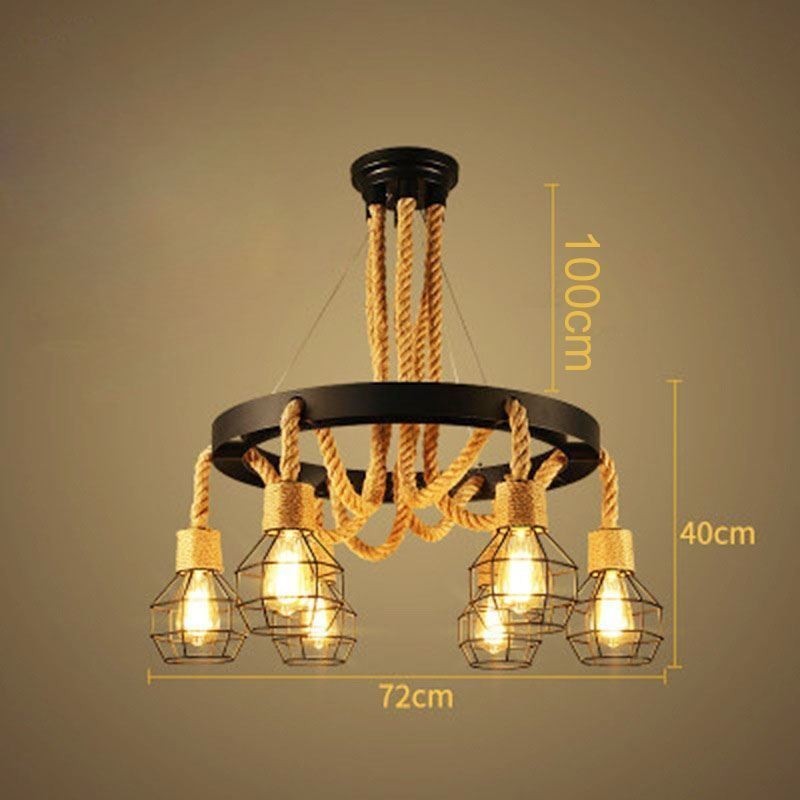 Lustre suspendu rétro à 6 têtes en corde de chanvre avec abat-jour en fer