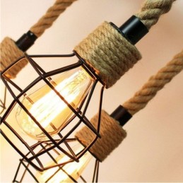 Lustre suspendu rétro à 6 têtes en corde de chanvre avec abat-jour en fer