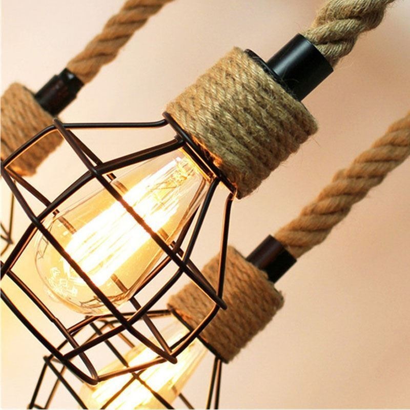 Lustre suspendu rétro à 6 têtes en corde de chanvre avec abat-jour en fer
