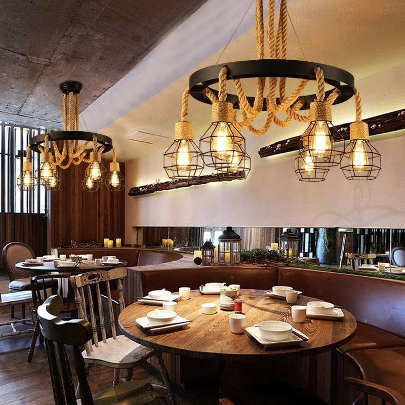 Lustre suspendu rétro à 6 têtes en corde de chanvre avec abat-jour en fer