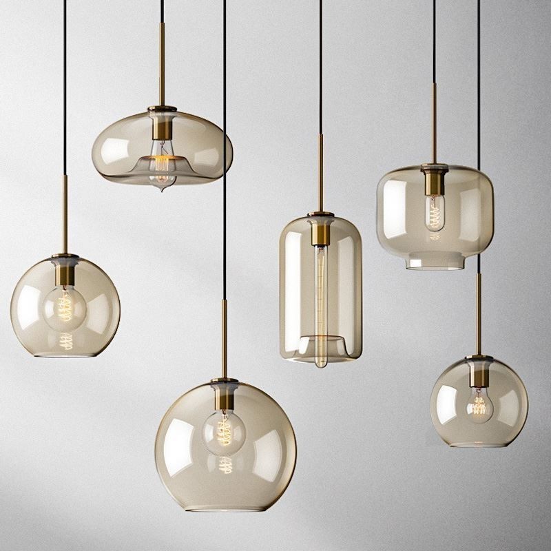 Suspension en verre minimaliste couleur cognac, luminaire décoratif en verre