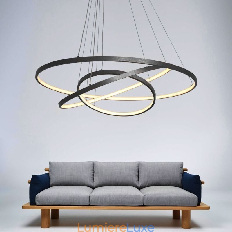 Suspension moderne en aluminium noir à 3 anneaux