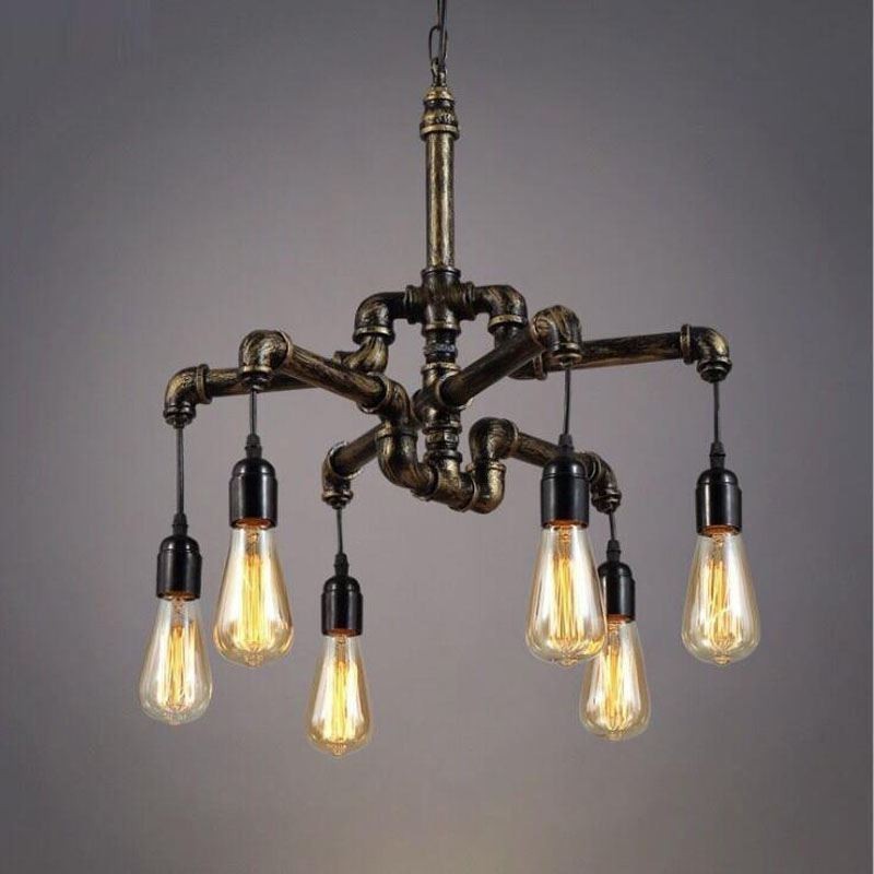 Lustre suspendu à 6 lumières style industriel rétro vintage en forme de pipe à eau, style rustique et campagnard