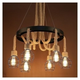 Lustre suspendu rétro à 6 têtes en corde de chanvre avec abat-jour en fer
