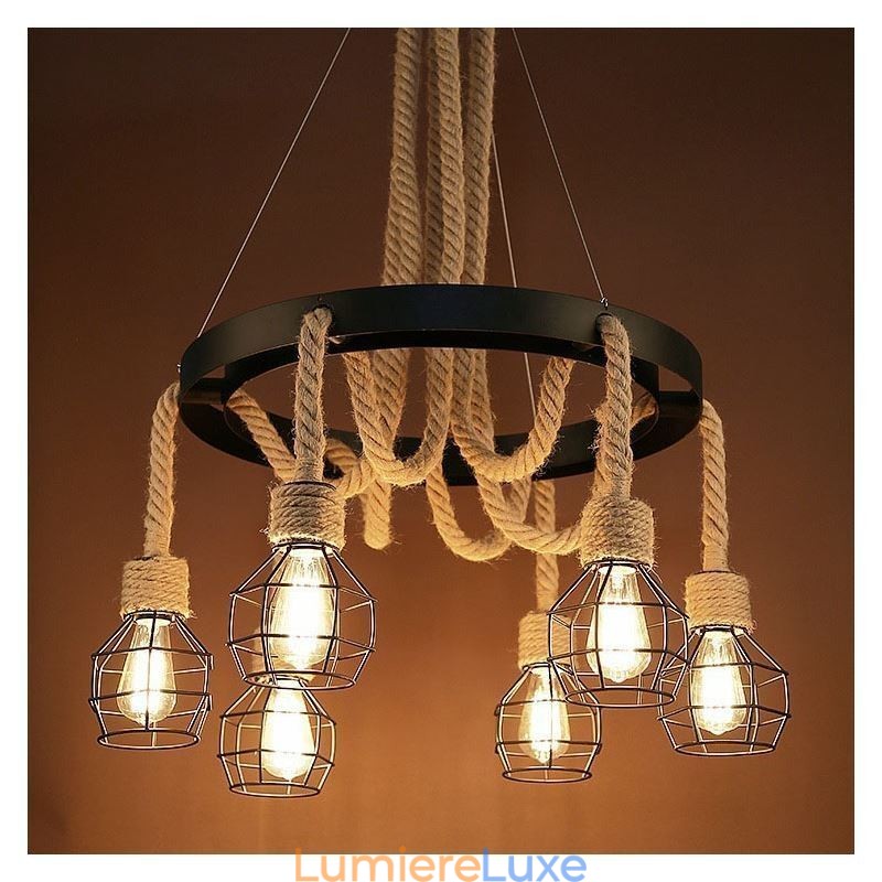 Lustre suspendu rétro à 6 têtes en corde de chanvre avec abat-jour en fer