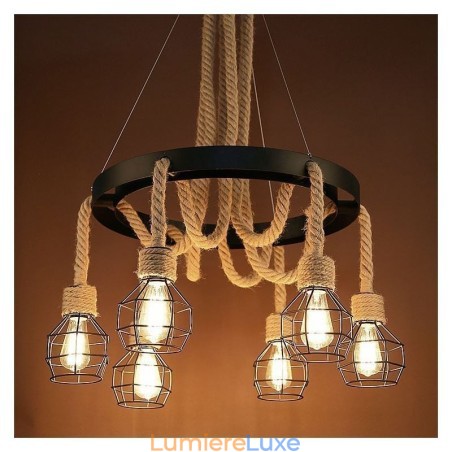 Lustre suspendu rétro à 6 têtes en corde de chanvre avec abat-jour en fer Lustre suspendu rétro à 6 têtes en corde de chanvre avec abat-jour en fer