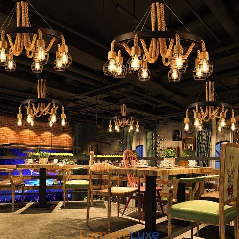 Lustre suspendu rétro à 6 têtes en corde de chanvre avec abat-jour en fer