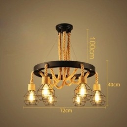 Lustre suspendu rétro à 6 têtes en corde de chanvre avec abat-jour en fer
