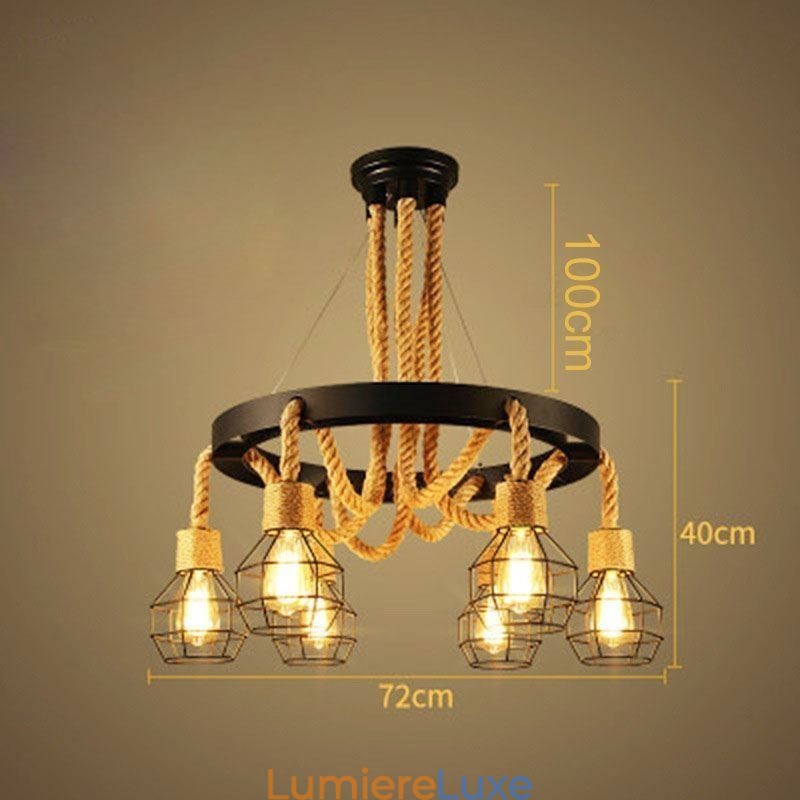Lustre suspendu rétro à 6 têtes en corde de chanvre avec abat-jour en fer