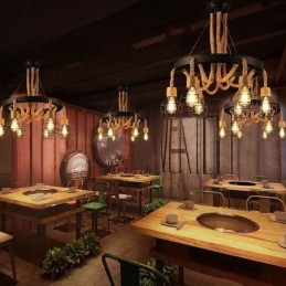 Lustre suspendu rétro à 6 têtes en corde de chanvre avec abat-jour en fer