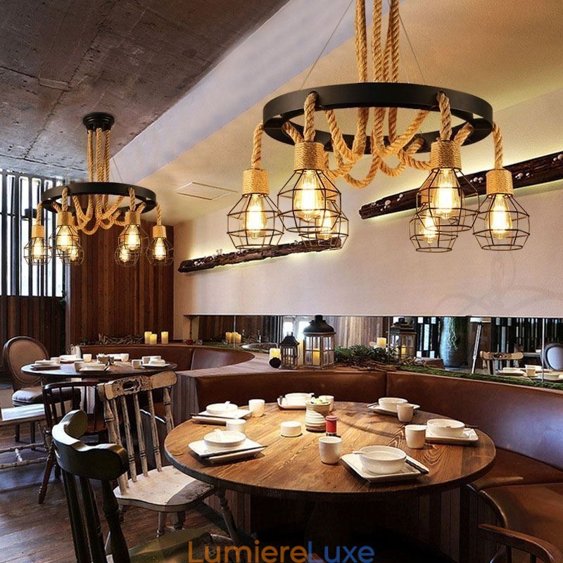 Lustre suspendu rétro à 6 têtes en corde de chanvre avec abat-jour en fer