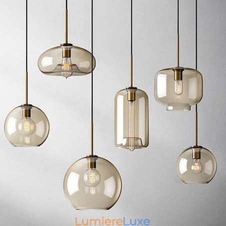 Suspension en verre minimaliste couleur cognac, luminaire décoratif en verre Suspension en verre minimaliste couleur cognac, luminaire décoratif en verre